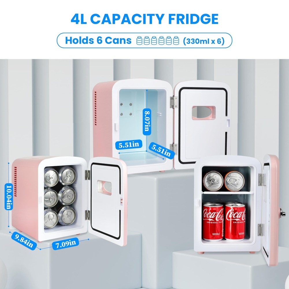 4L 6 Can Mini Fridge Compact Cooler & Warmer with window Portable Pink