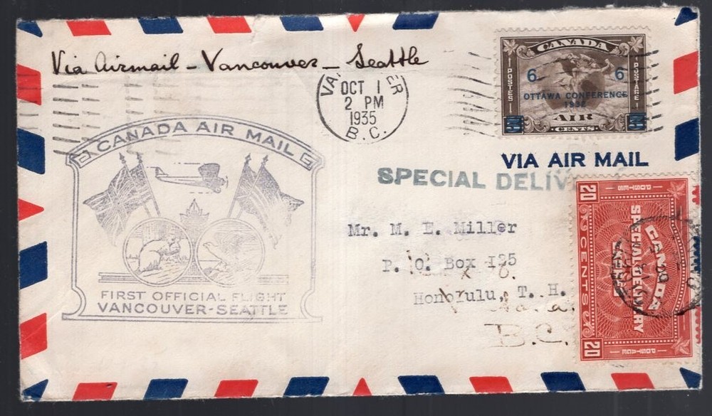 Canada 1935 First Flight Vancouver-Seattle With #C4 & #E5 Sent to Hawaii