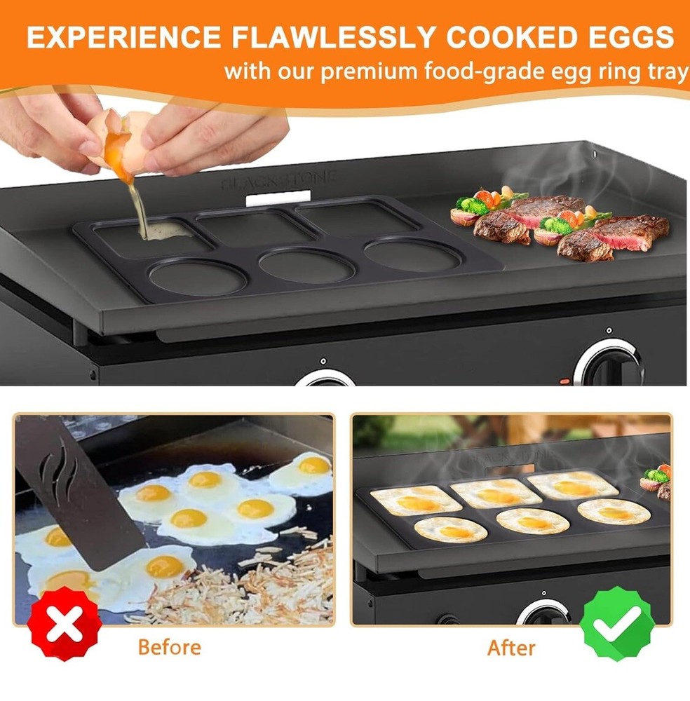 Griddle Egg Ring Tray Non-Stick Egg Ring Molds Square And Round For 6 Eggs