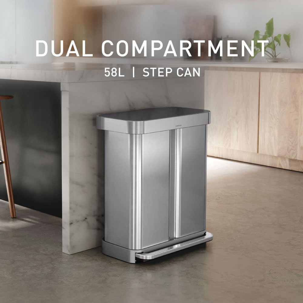 58 Liter / 15.3 Gallon Rectangular Dual Compartment Recycling Step, Brushed Stai
