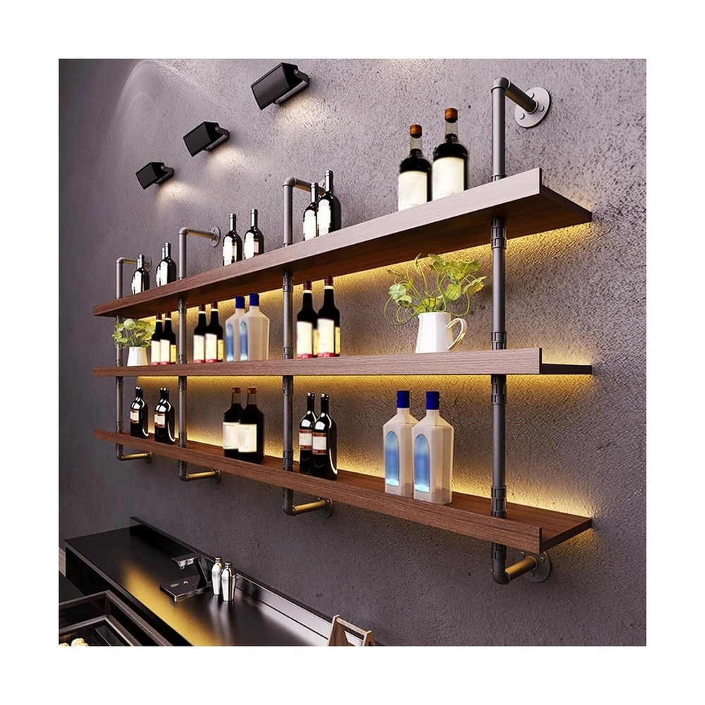 47.2in Large Wine Rack with LED Light Solid Wood Wall Mounted Wine Rack, 3-Ti...