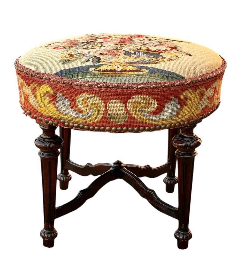 Antique Stool with Needlepoint Floral