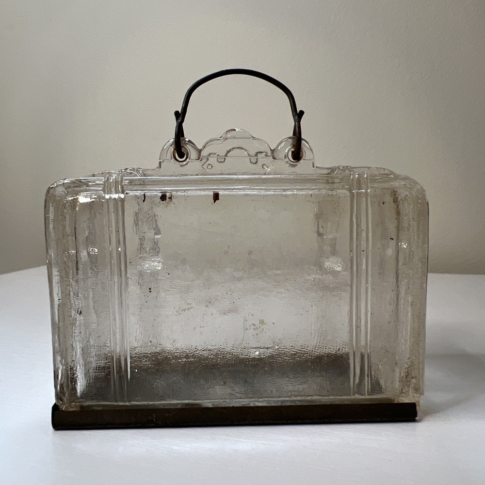 Glass Suitcase Candy Container With Wire Handle And Tin Cover Bottom Vintage