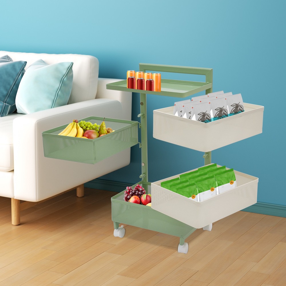 Rotating Storage Rack with Wheels, 4 Baskets, Green Modern Design