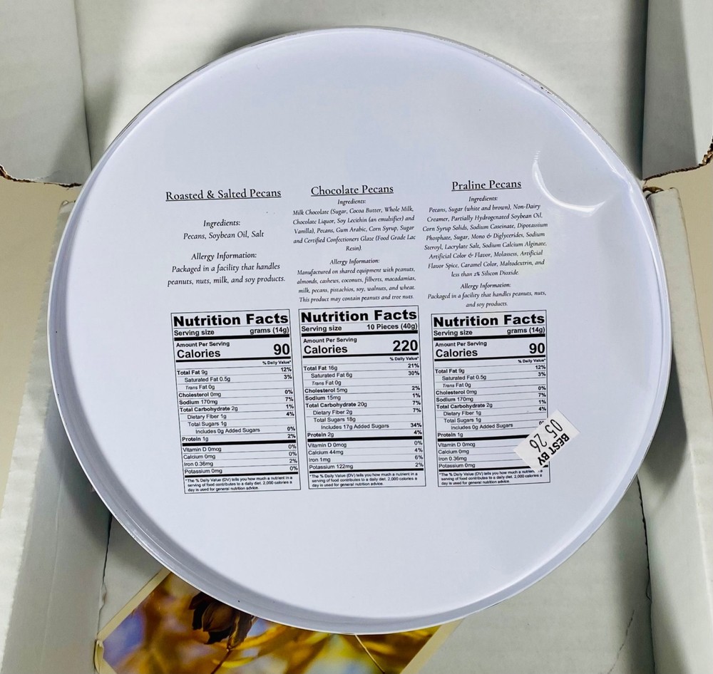 Heaton Pecans 3 Way Assorted Tin, Roasted/Salted, Chocolate & Praline 2.3lbs