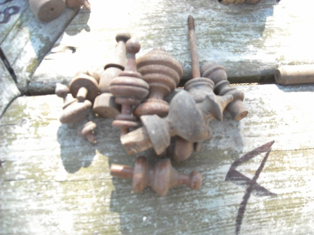 Thirty Five Small Wood & Brass Mostly Finial Type Spindles