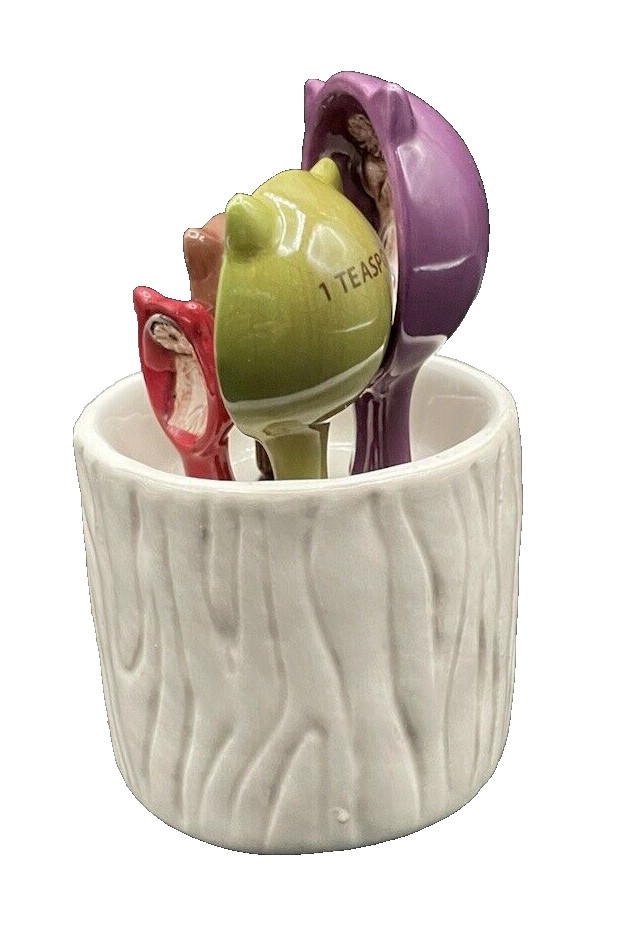 Multicolor Ceramic Owl Measuring Spoons in White Ceramic Tree Stump