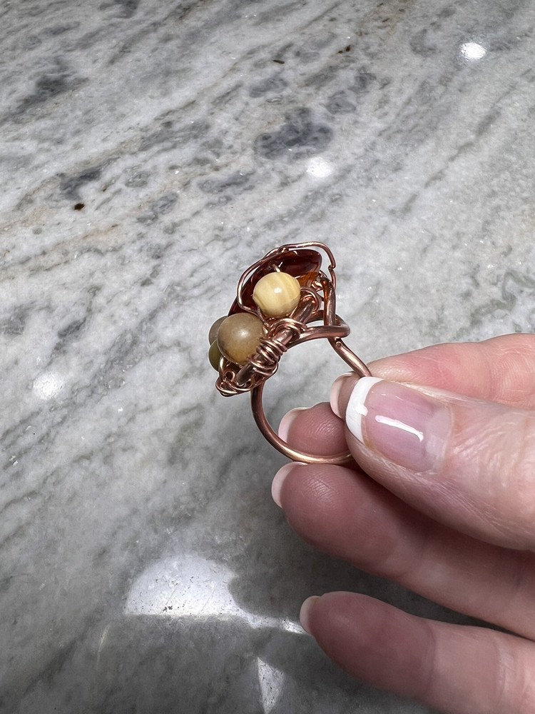 Artisan Hand Made Copper Ring With Amber, Size 6.5