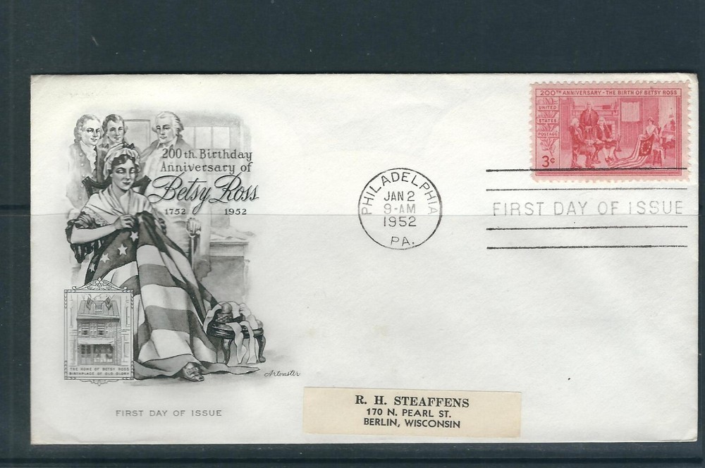 US SC # 1004 Betsy Ross FDC.  Artmaster Cachet