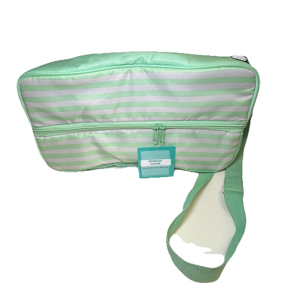 Beverage Cooler Pastel Green Striped Pattern  Zipper Closure Cans Wine Snacks