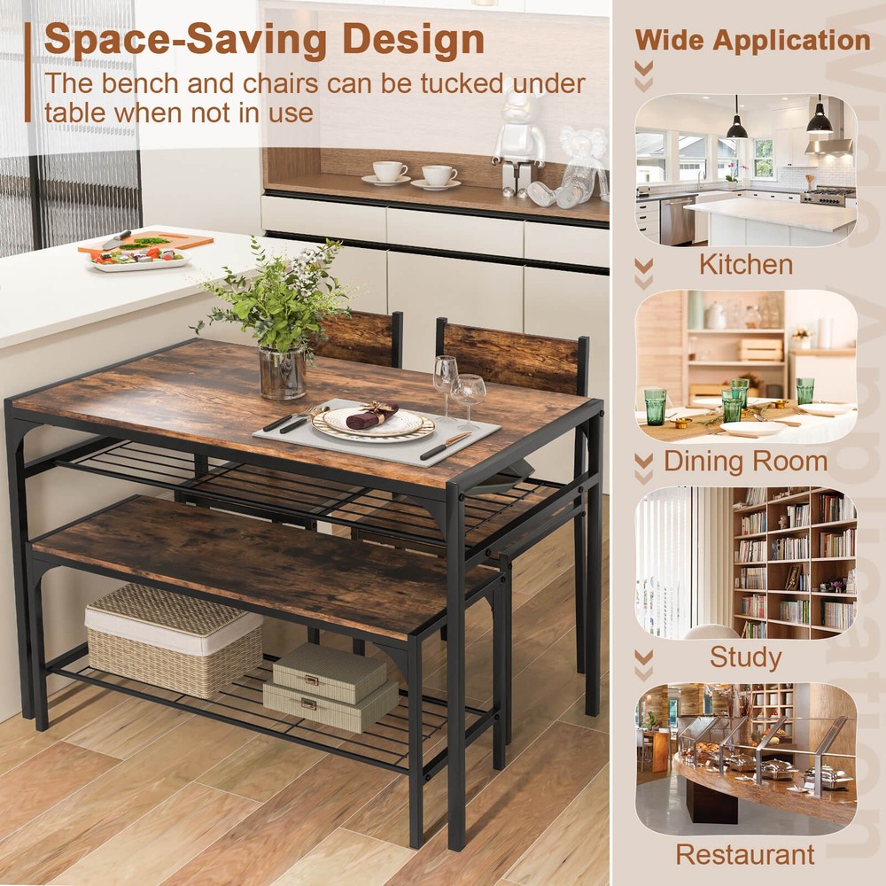 Dining Table Set for 4 Rectangular Table w/ 2 Chairs, 1 Bench, Storage Racks