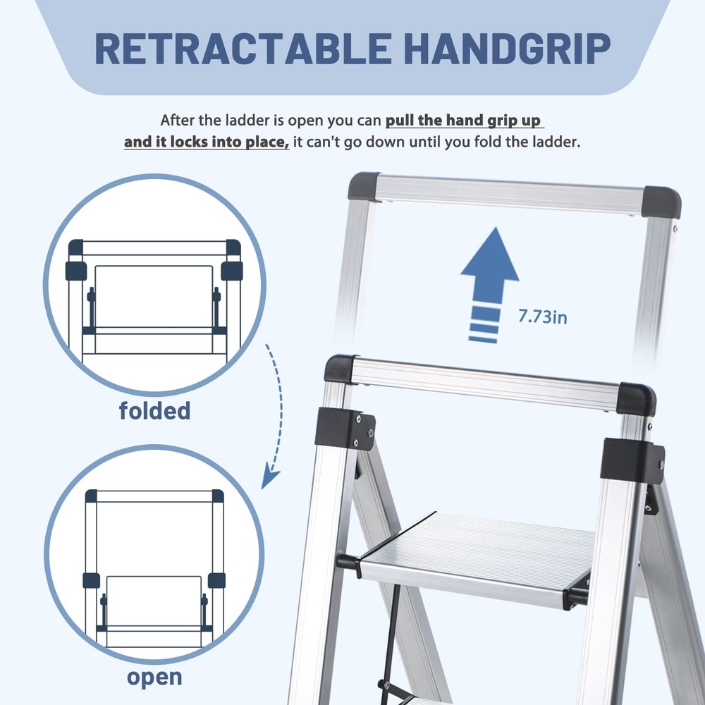 XinSunho 5 Step Ladder, Retractable Handgrip Folding 5 step, Silver