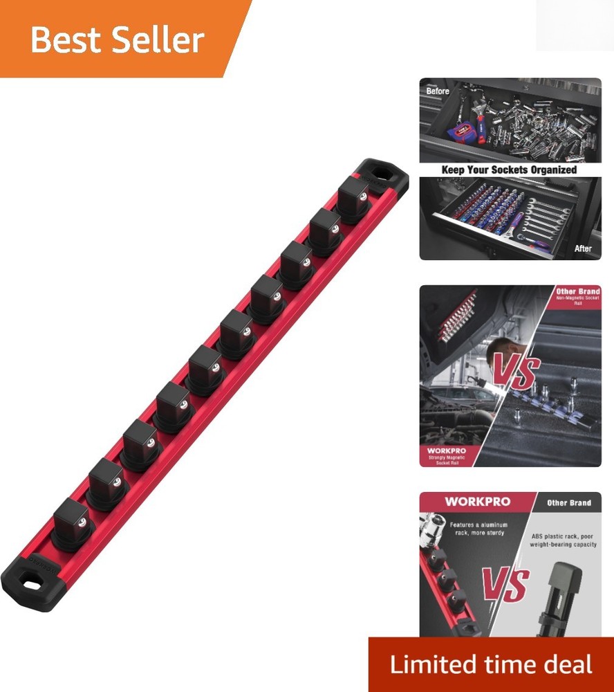 Compact Red Magnetic Socket Organizer - 3/8-Inch Drive with Rotatable Clips
