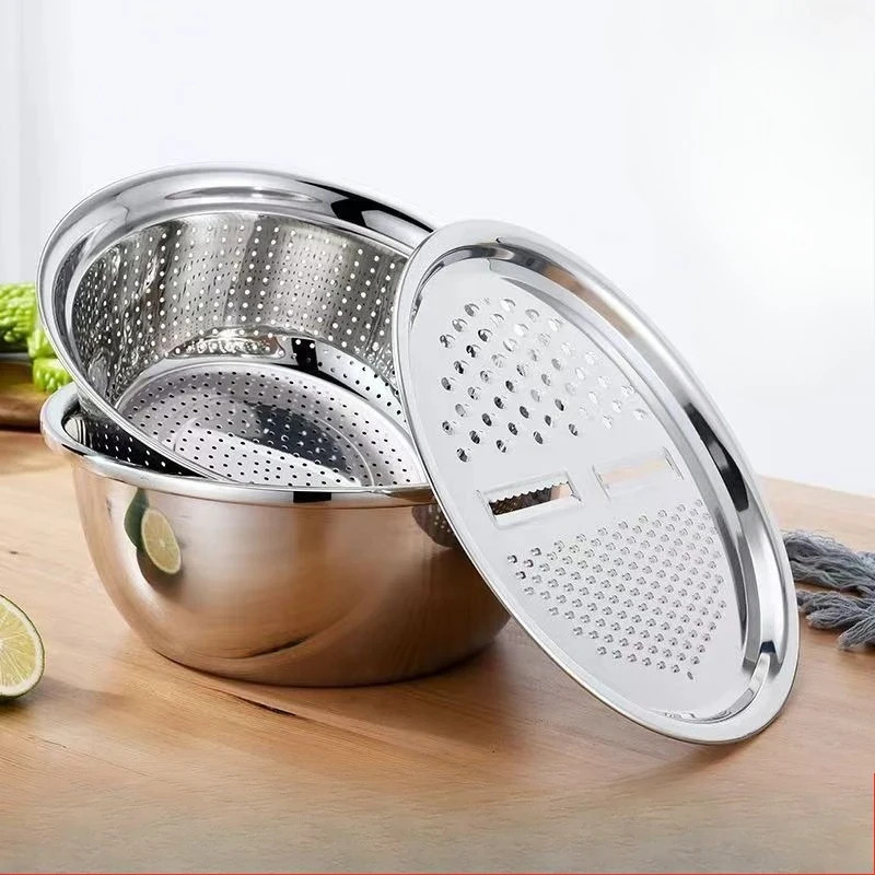 3 Pcs Kitchen Stainless Steel Multi-function Grater Slicer Washing Drain Basin