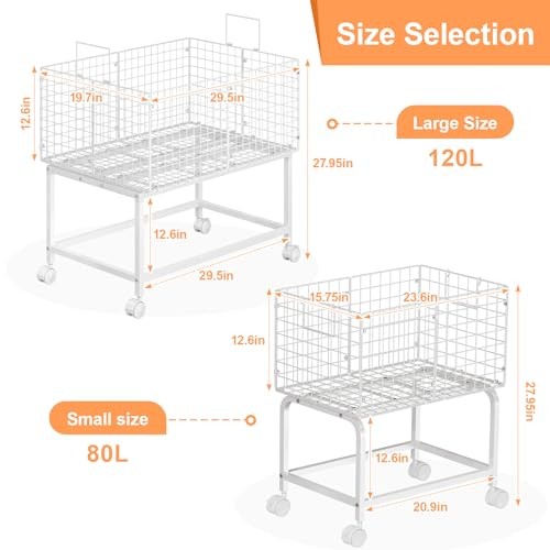 Wire Laundry Hamper Cart,80L Laundry Hamper Trolley with Medium Oblong-White