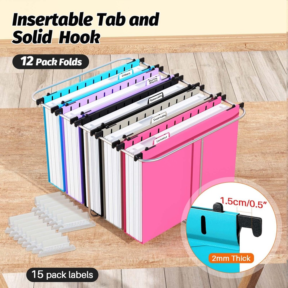 Extra Capacity Plastic Hanging File Folder, 12 Pack Reinforced Hang Folders L...