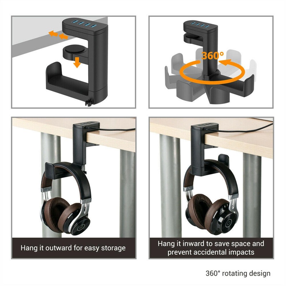 360° Rotation Headset Holder Earphone Storage Hook Stand 4-Port USB Data Hub bn
