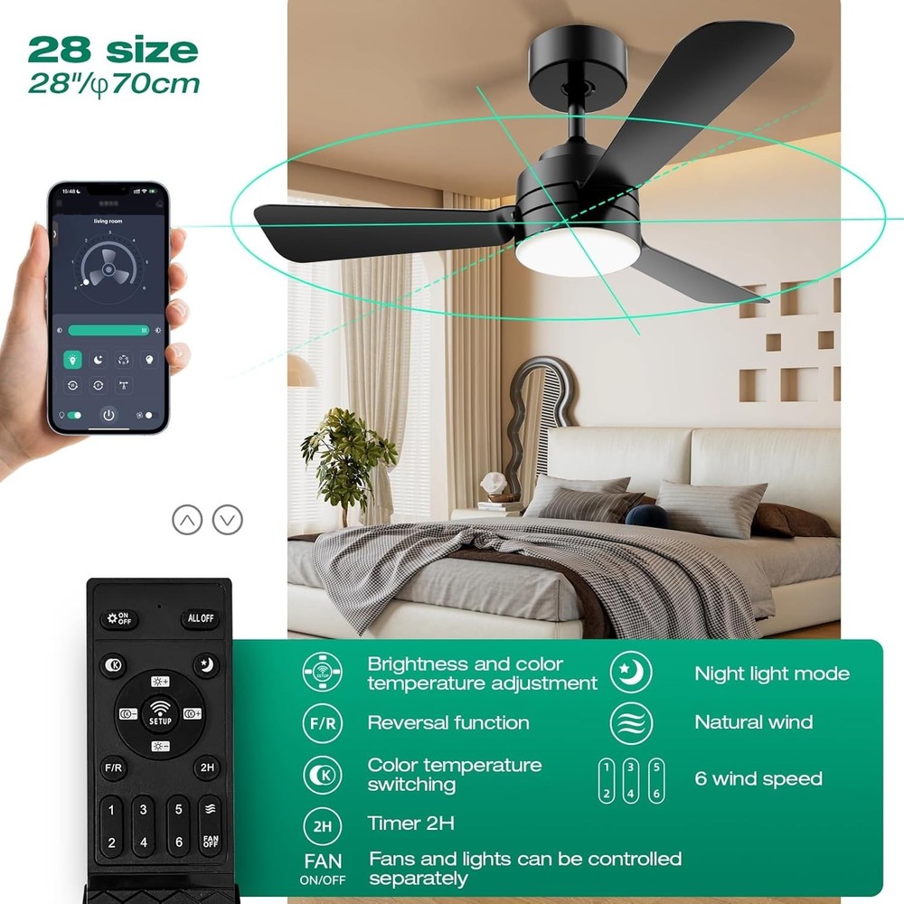 28-inch Smart Ceiling Fan with LED Light, APP & Remote Control, Modern Black