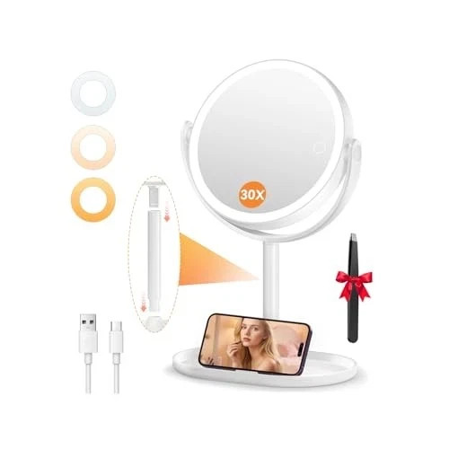 Makeup Mirror with Lights, Double Sided 30X/1X Magnifying Mirror with Light,