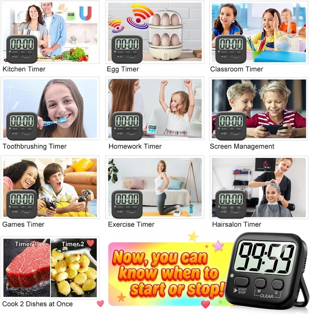Versatile 2 Pack Countdown Timers with Memory - For Cooking, Classroom, Exercise