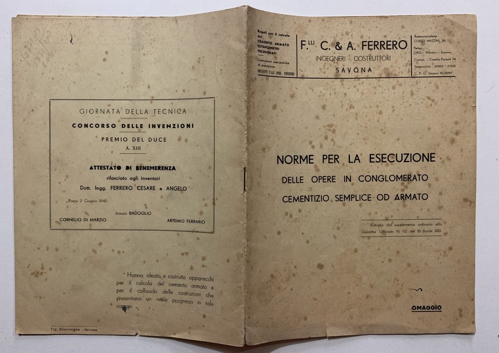 C. & A. FERRERO BUILDERS ENGINEERS SAVONA STANDARDS EXECUTION CEMENT 1939