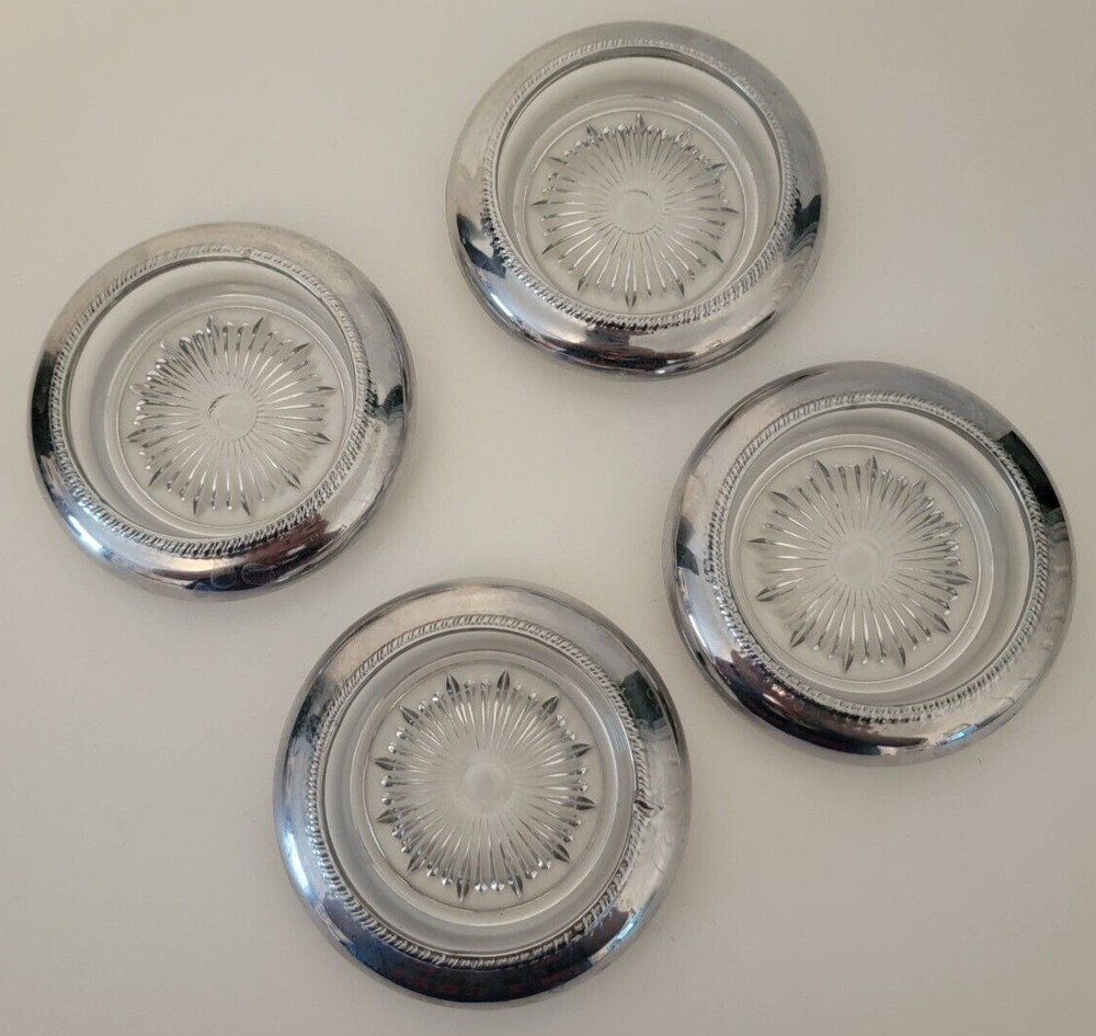 Set of 4 Vintage Crystal and Silver Coasters