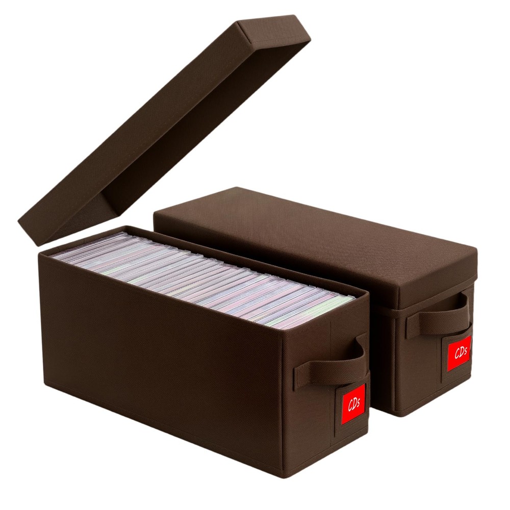 CD Storage Boxes 2 Pack – Brown Disc Organizer with Lids, Holds 35 CDs in Sta...