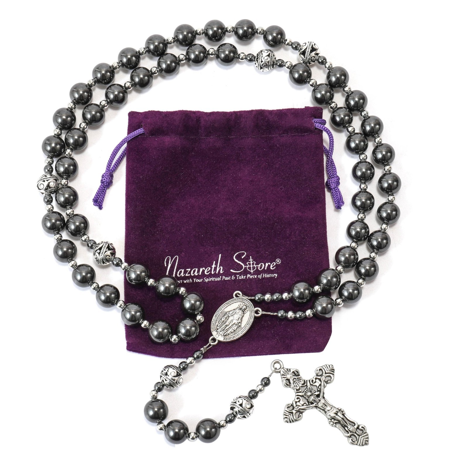 Hematite Rosary Black Stone Beads Metal Beaded Necklace Mary Miraculous Medal