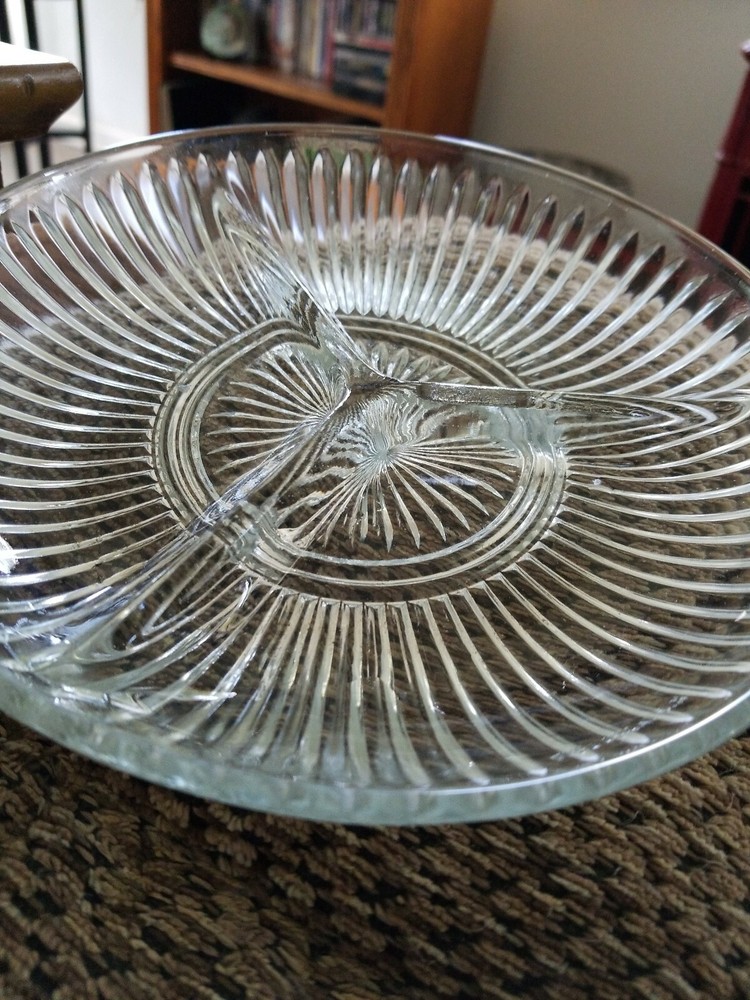 TWO KIG Indonesia Clear Glass Three Compartment Ribbed Nut Candy Dish