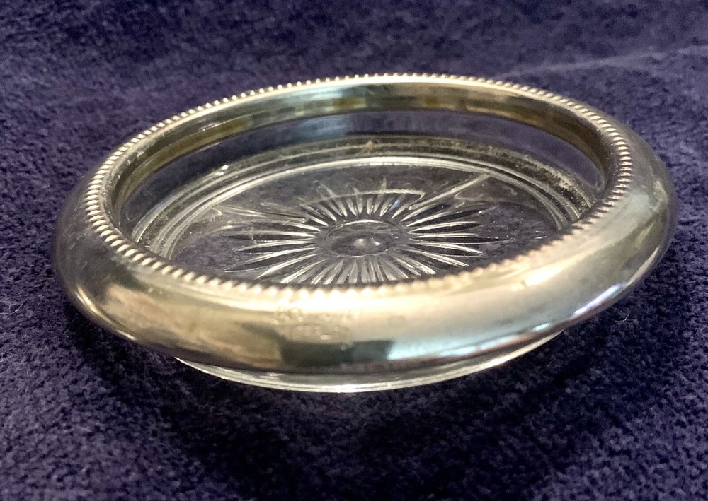 Vintage Leonard Leaded Glass & Silverplated Coasters Starburst Pattern ~4~