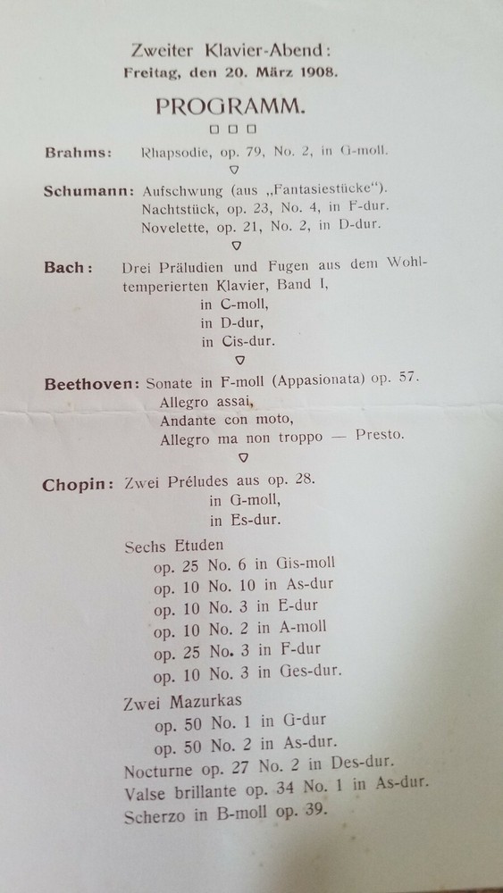 WILHELM BACKHAUS SIGNED MARCH 1908 PROGRAM (IN GERMAN)