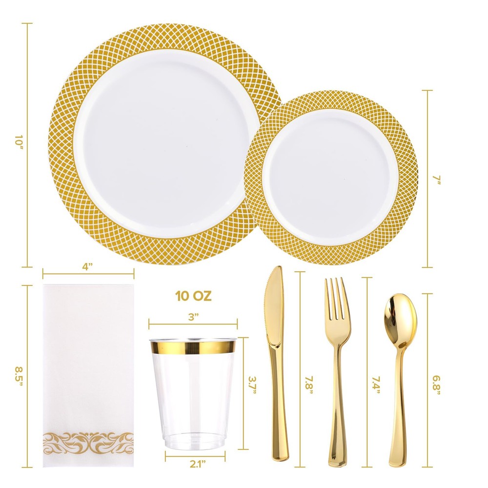 175 Count 175Pack Gold Dinnerware Set 10" Dinner Plates, 7" Dessert Plates