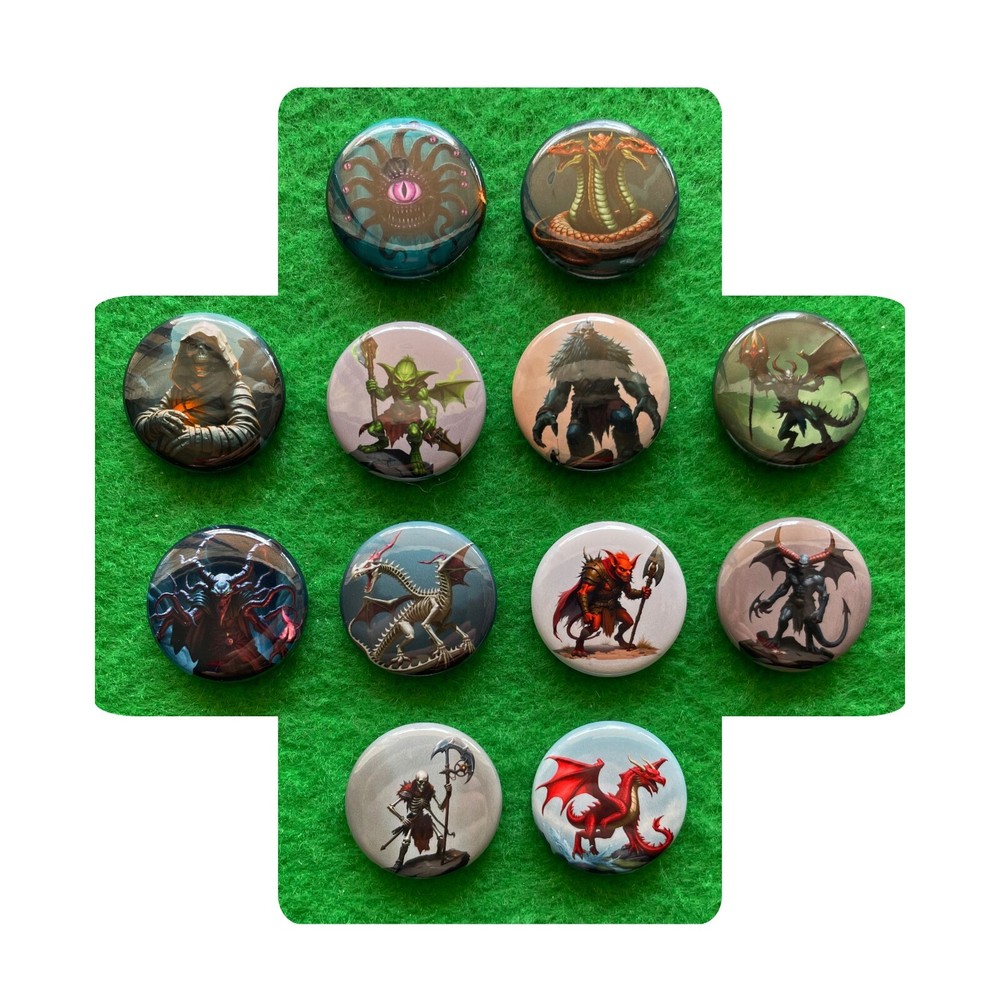 Dungeons RPG Dragons Monster Types / Pinback Buttons / Various Size Options