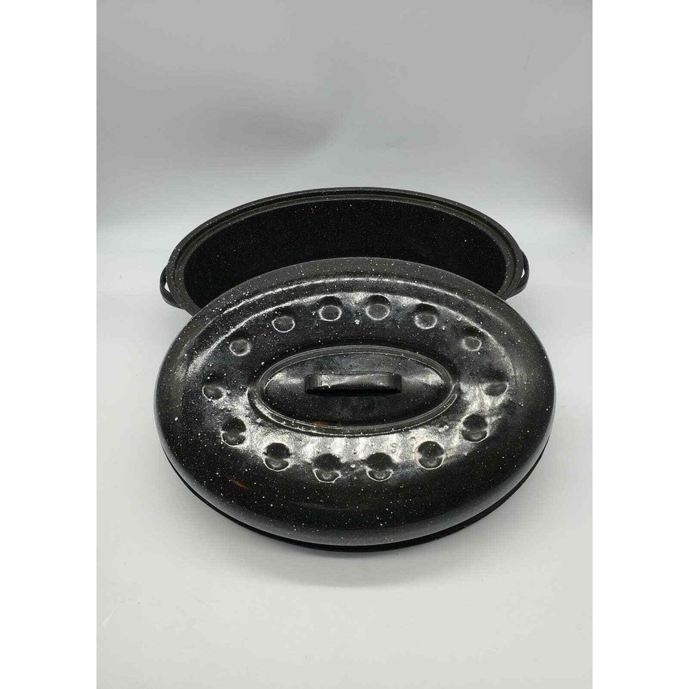 Large Black Speckled Enamelware Roasting Pan