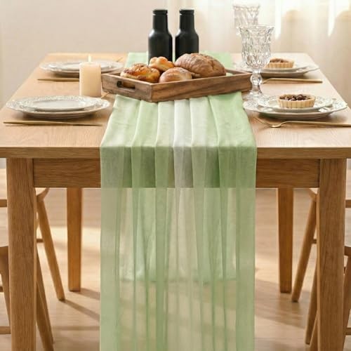 Boho Stripes Spring Chiffon Table Runner 120 Inches 28" x 120" Green