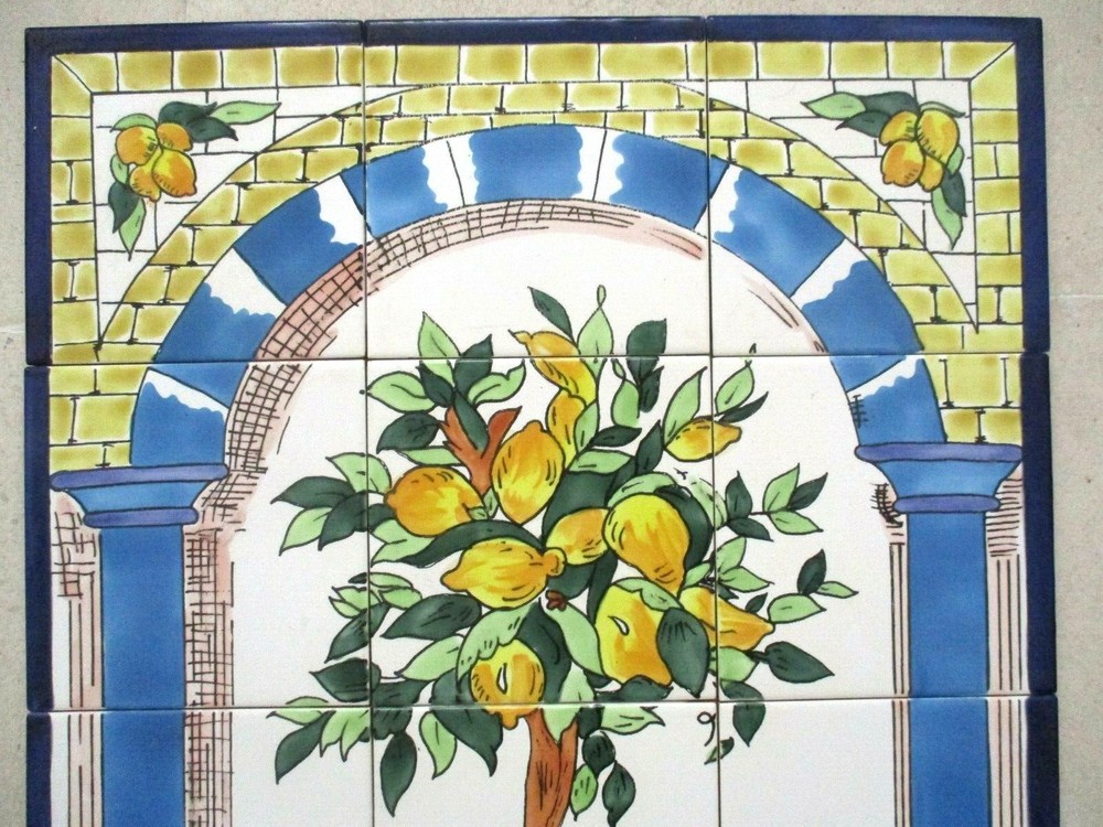 Hand Painted Ceramic tile art wall mural panel Lemon Tree BACKSPLASH 18" x 24"