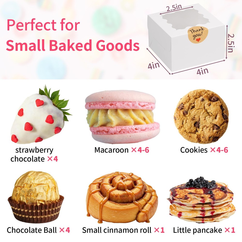 24pcs White Cookie Boxes, 4x4x2.5 Inches Bakery Boxes with Window, for Mini C...