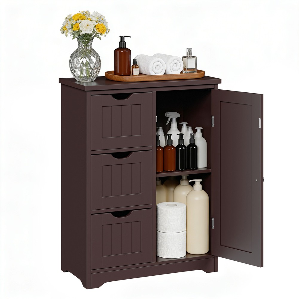 Bathroom Storage Floor Cabinet Organizer with Adjustable Shelf & Drawer Brown