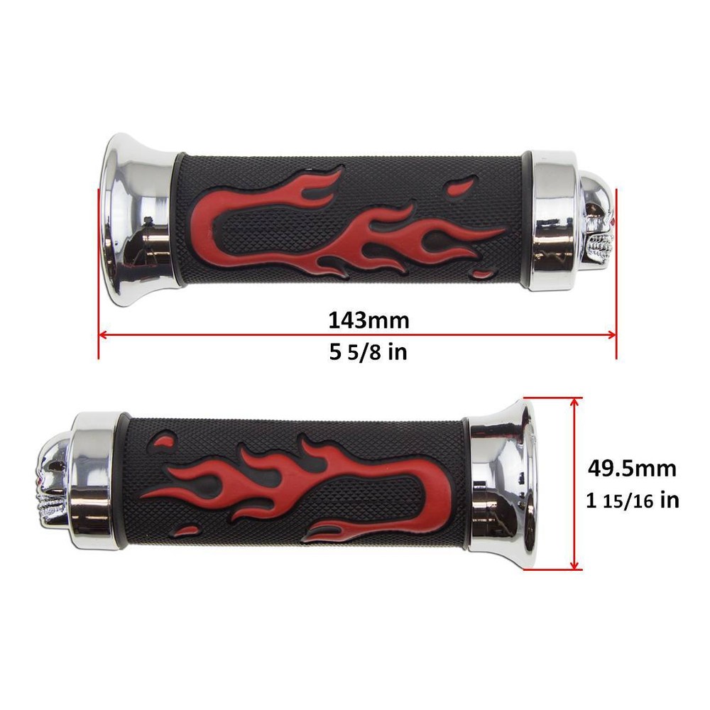 Handle Bar Left Right Front Red Universal Skull Flame Hand Grip 7/8" Rubber