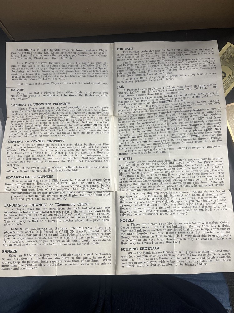 Vintage 1935 Monopoly Instructions