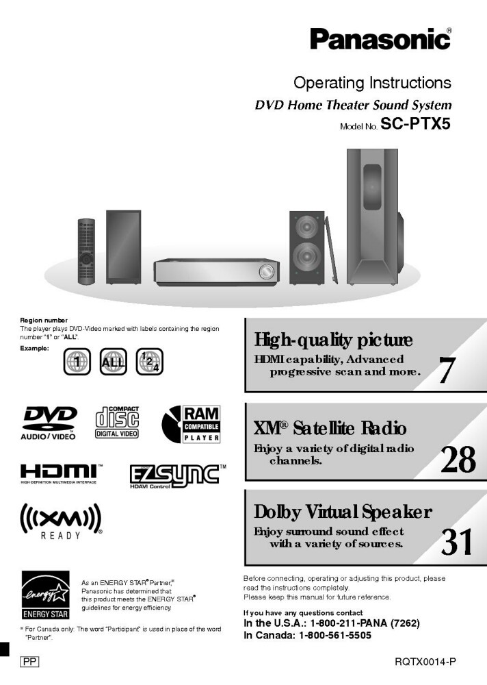 Panasonic SA-PTX5 Home Theater System Owners Instruction Manual