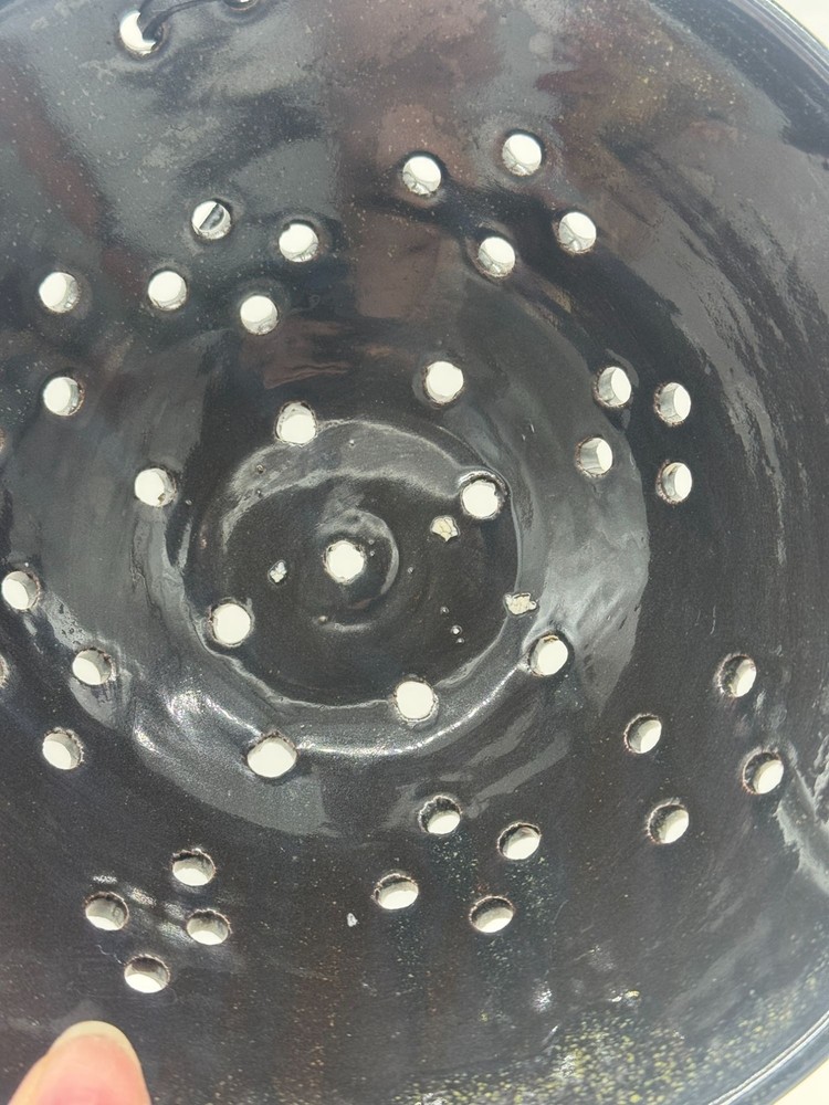 Studio Art Pottery Berry Strainer Colander Black Speckled Signed