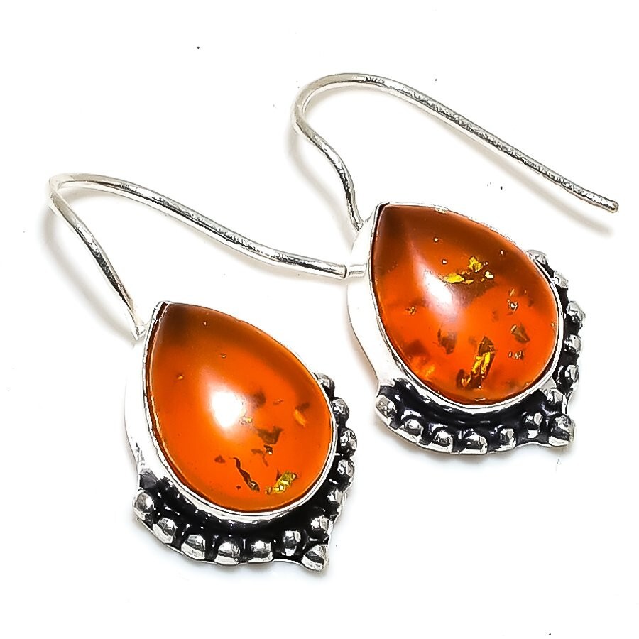 Baltic Amber Gemstone Handmade 925 Sterling Silver Stud Earring Size 1"