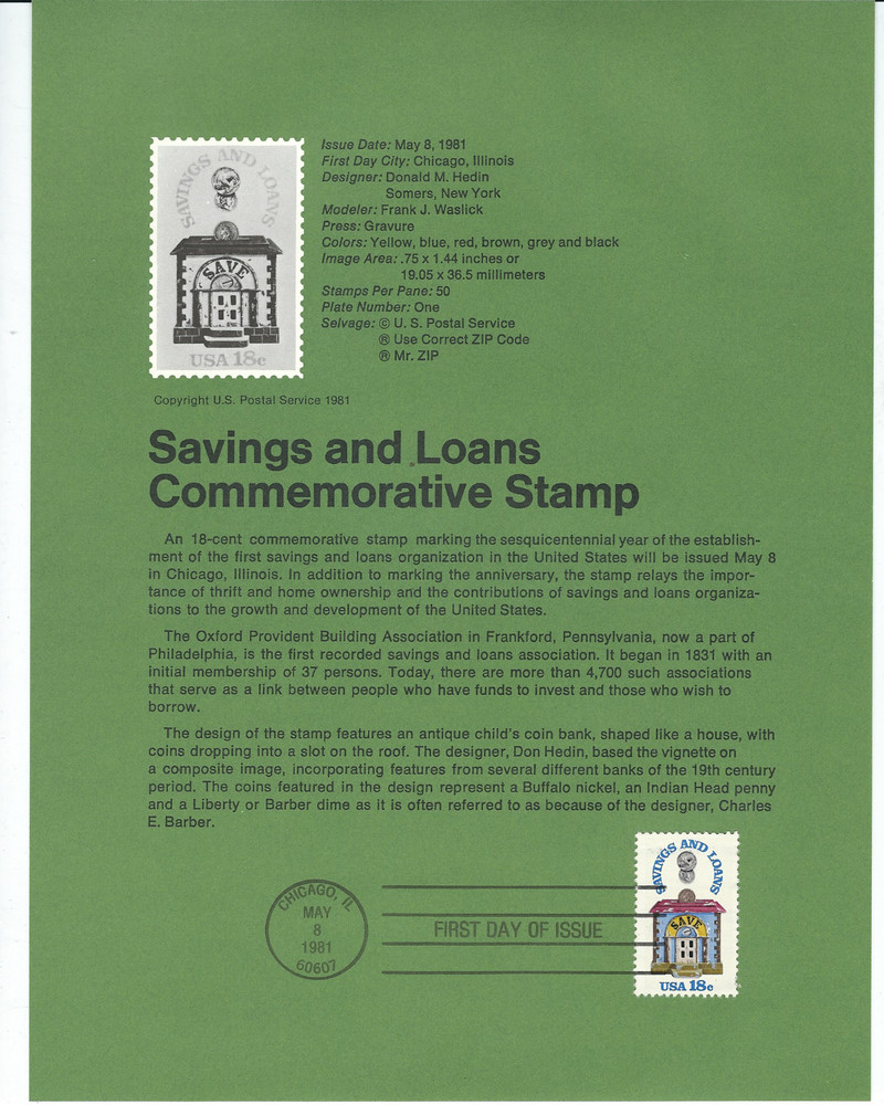 #1911...18 Cent...Savings & Loans...First Day of Issue...Panel