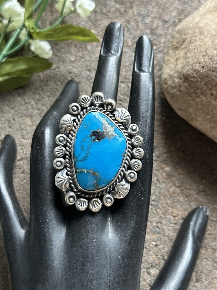 Native American Sterling Silver Turquoise Adjustable Ring. KY