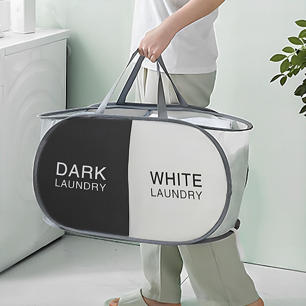 Pop Up Laundry Hamper 2 Section Collapsible Basket Black Beige Compartment