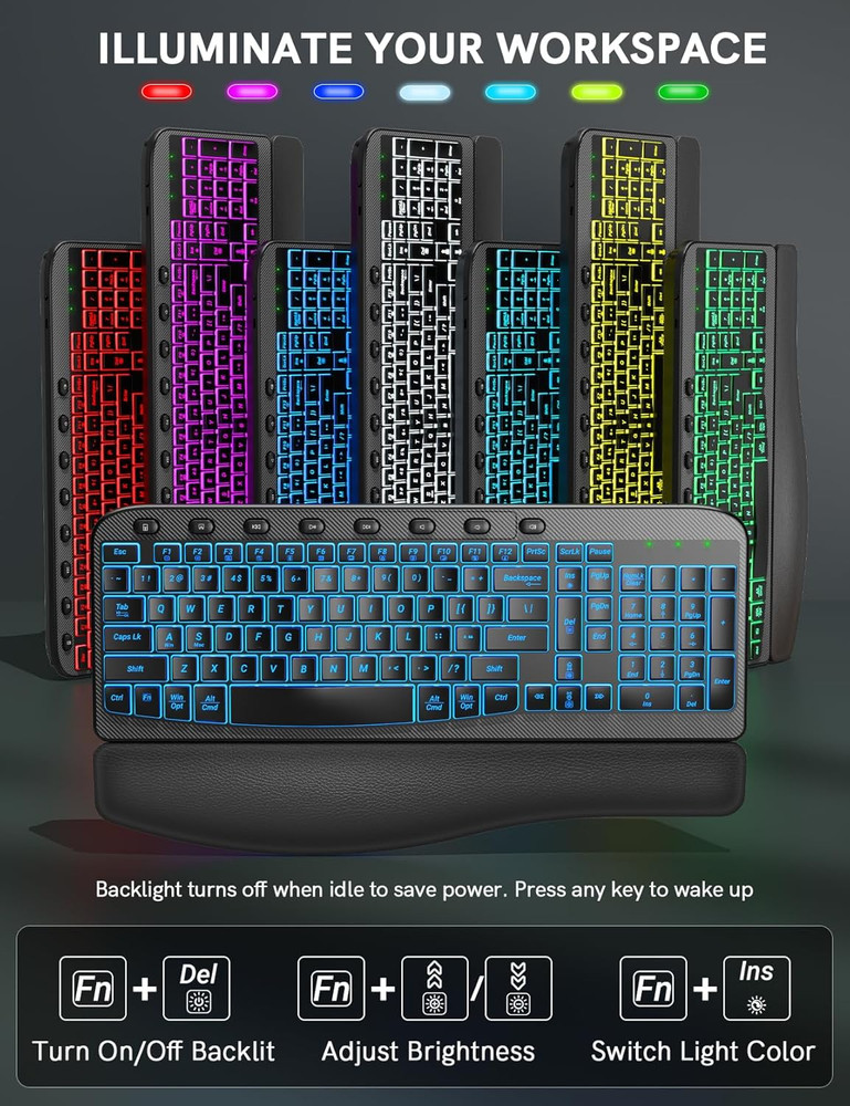 SABLUTE Ergonomic Wireless Keyboard and Mouse Combo - Wave Keyboard with Soft Le