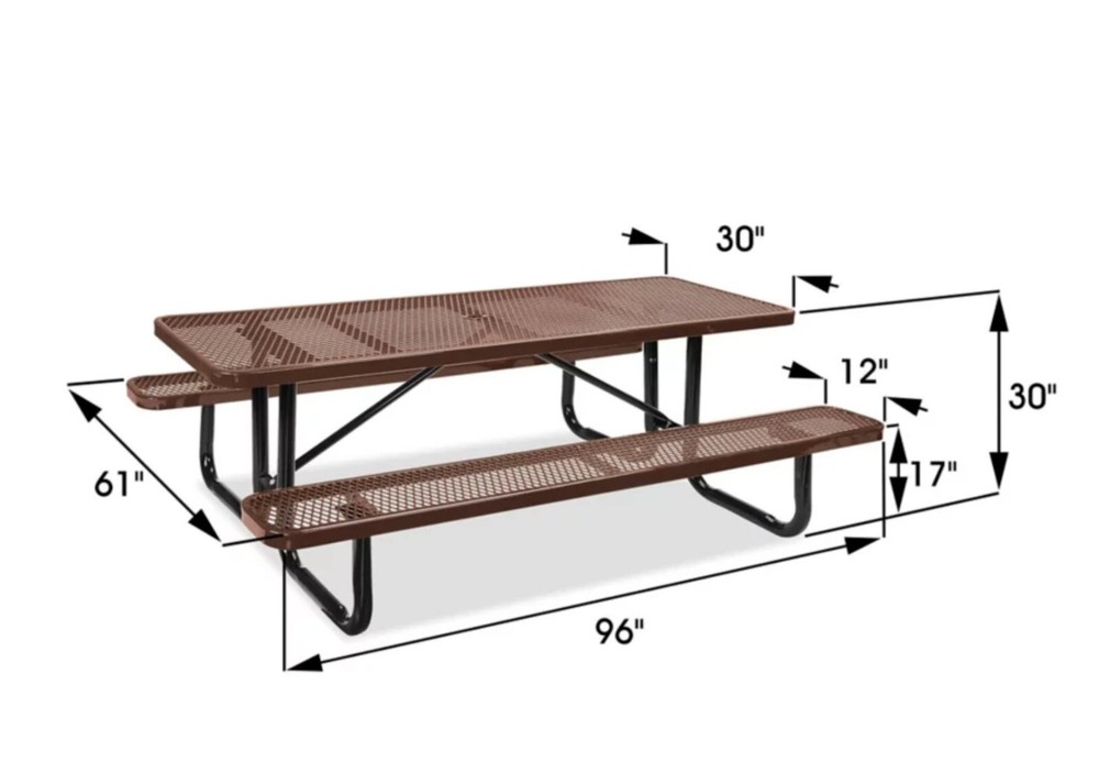PICNIC TABLE Commercial - All Metal Construction & Steel Frame 8 Ft Rectangular