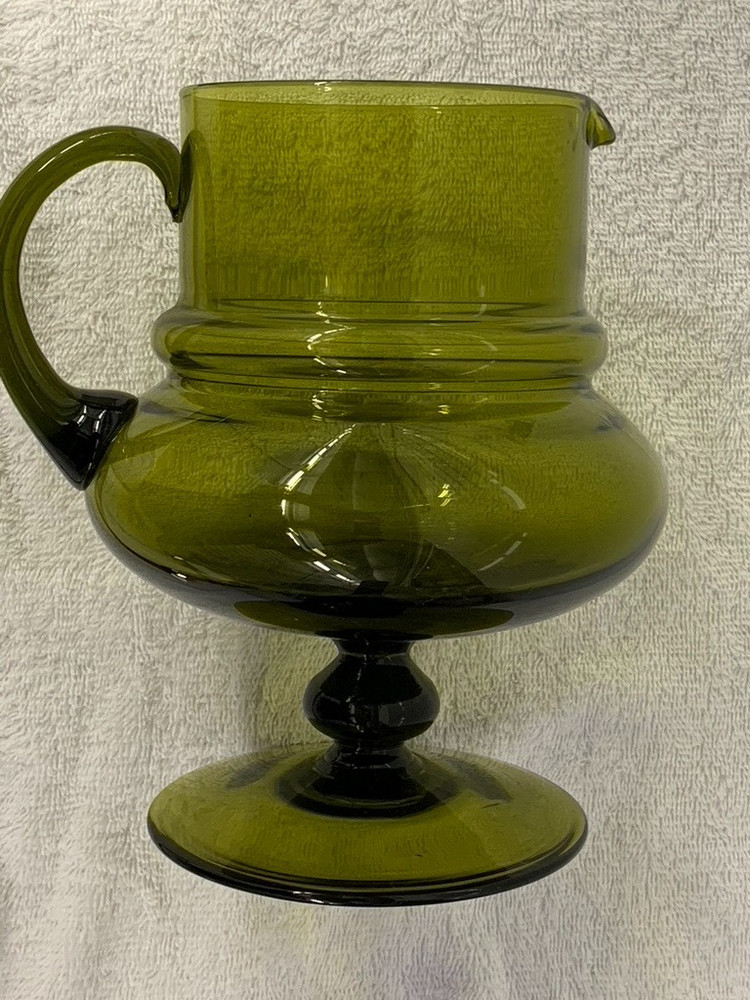 BLOWN GLASS FOOTED PITCHER --- OLIVE GREEN