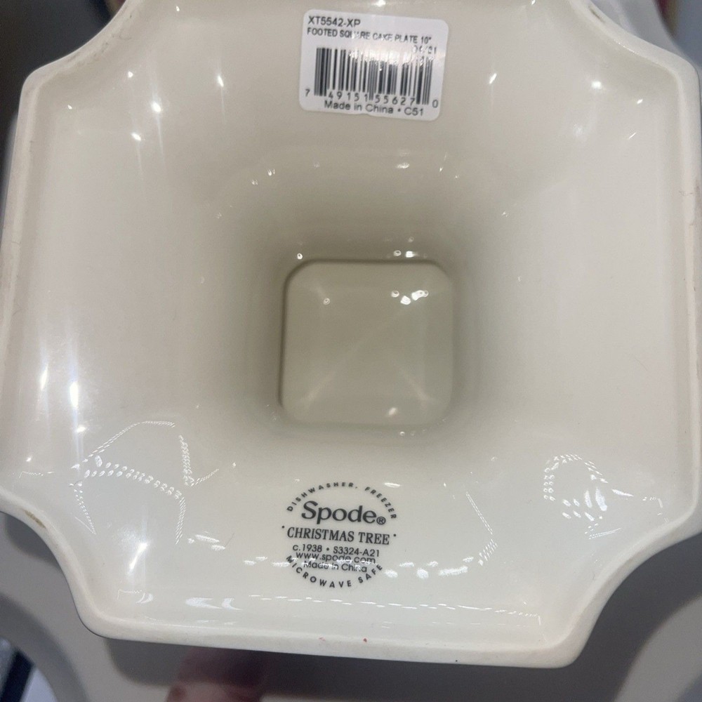 Spode NIB Christmas Tree Fine Porcelain 10” Footed Square Cake Plate
